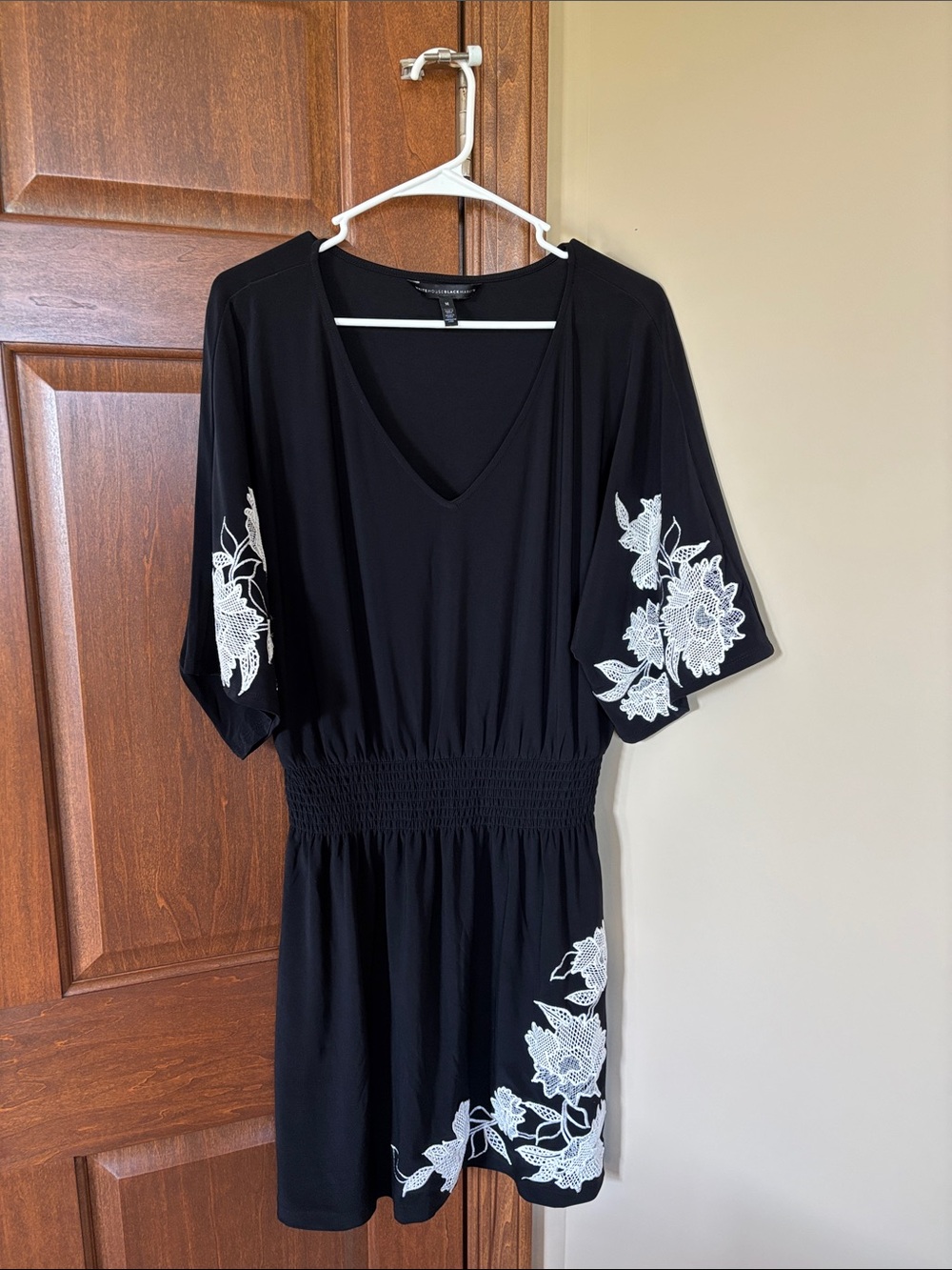 White House Black Market Black Mini Dress with White Floral Embroidery